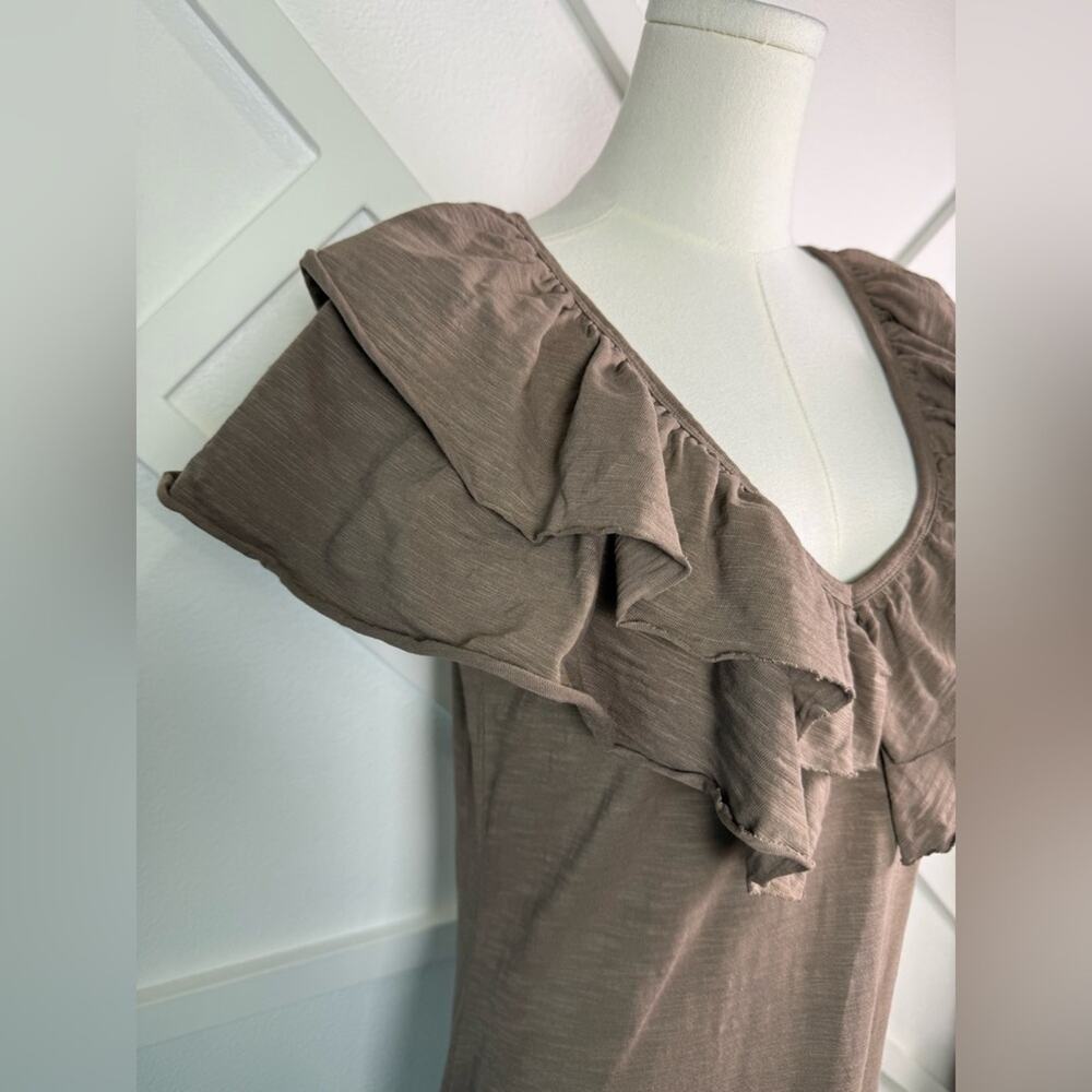 S’Edge Ruffle V-Neck Cotton Midi Dress Brown Taupe Soft Knit Tiered Hem Size M - Picture 4 of 11
